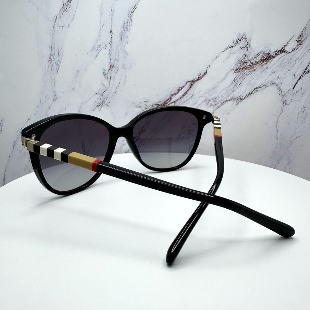 New Burberry Sunglasses Black Cat Eye Check Arms Gold Hardware Womens BURBERRY - Picture 7 of 16